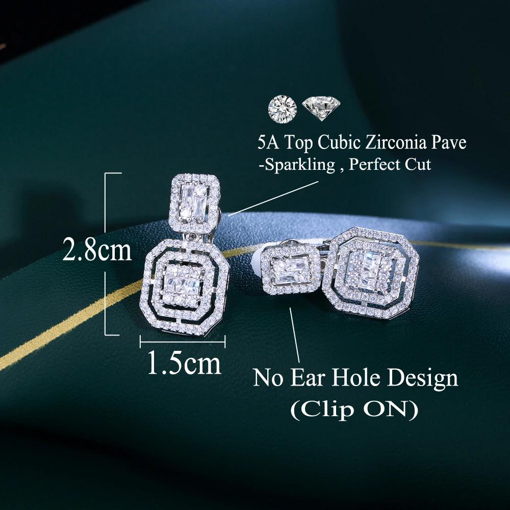 CWWZircons No Ear Hole Design Square Drop Dangle CZ Women Party Wedding Engagement Clip on Earrings Without Piercing CZ903 2