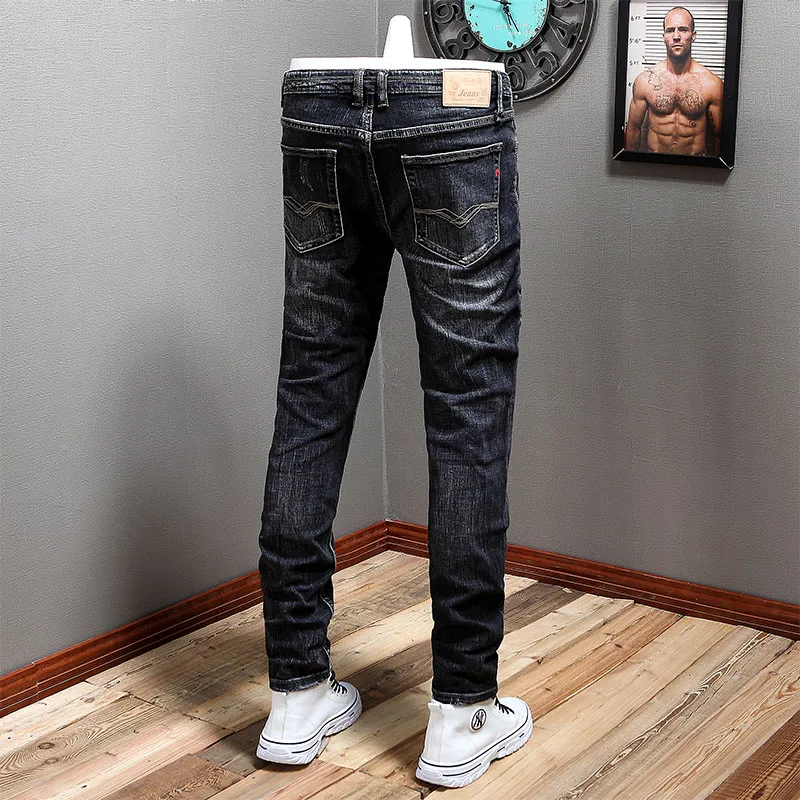 Fashion Designer Men Jeans Retro Black Gray Elastic Slim Fit Ripped Jeans Men Stretch Trousers Vintage Casual Denim Pants Hombre