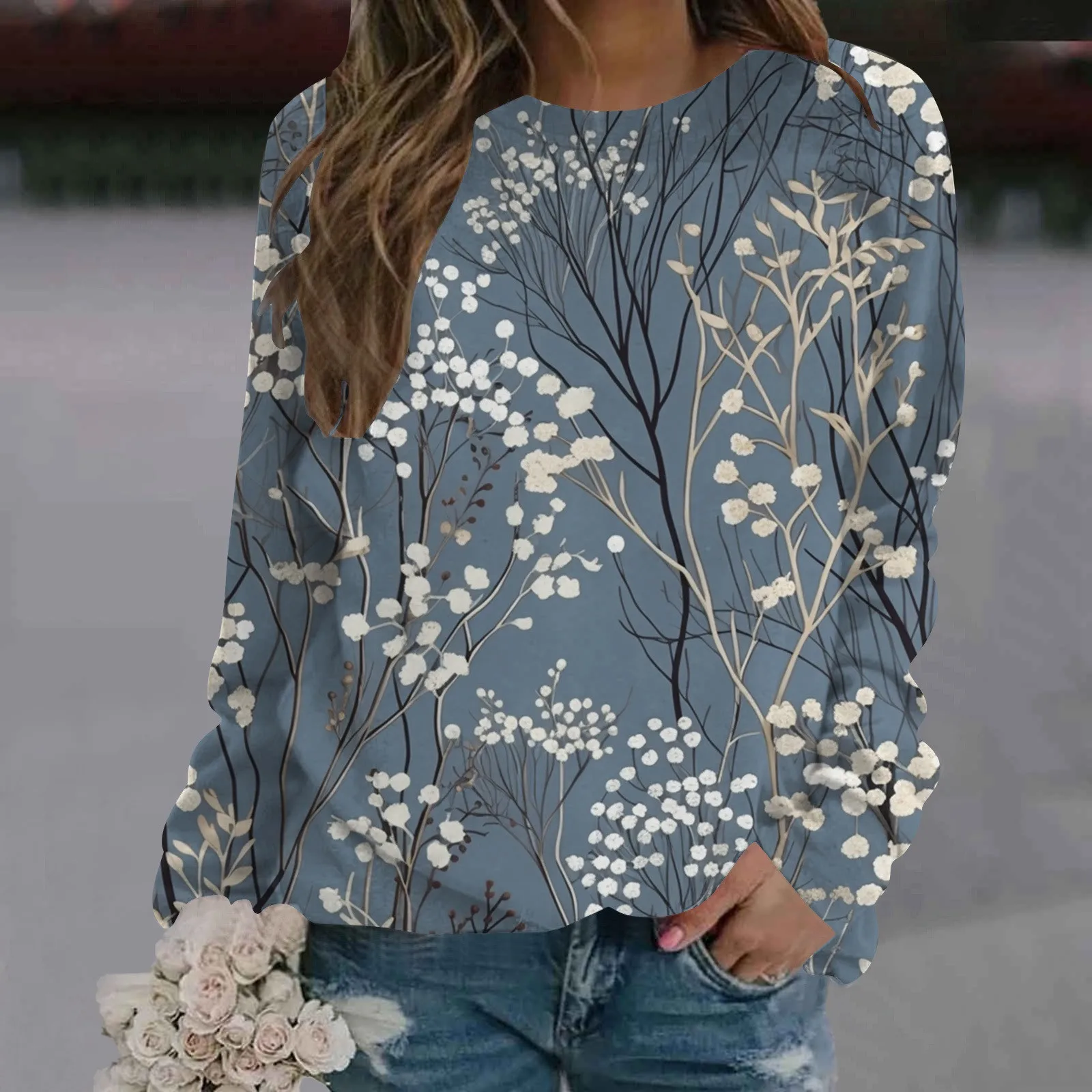 

Women Casual Crew Neck Sweatshirt Coconut Tree Printing Long Sleeve Sweatshirt Casual Top Pullover