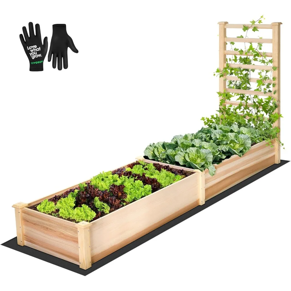 

VIVOSUN Wooden Raised Garden Bed, 48 x 24 x 30 Inches, Outdoor Wood Planter Box with Gloves and a Liner, with Trellis for Vine