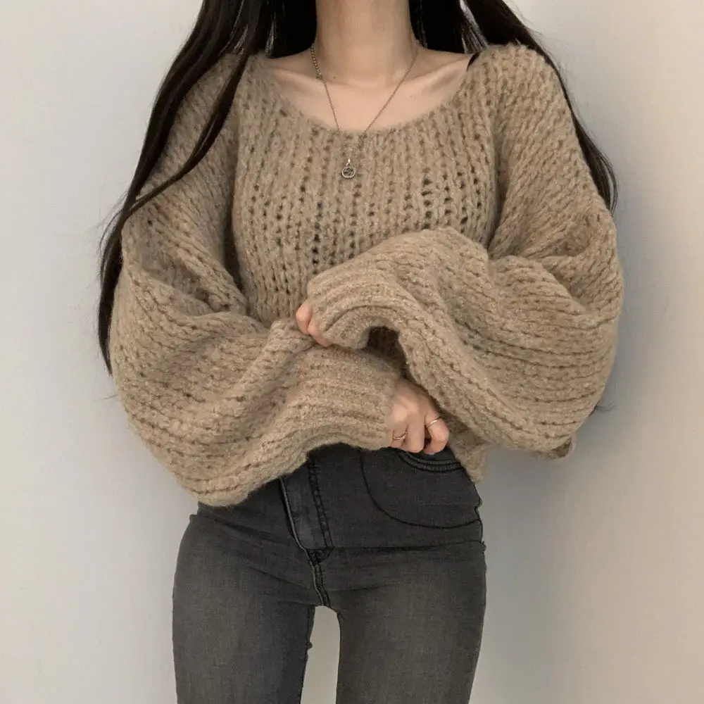Oversized Sweaters for Women 2023 Pull Femme  Clothes O-neck Lantern Sleeve Casual Jumper Knitted Korean Cropped Pullovers