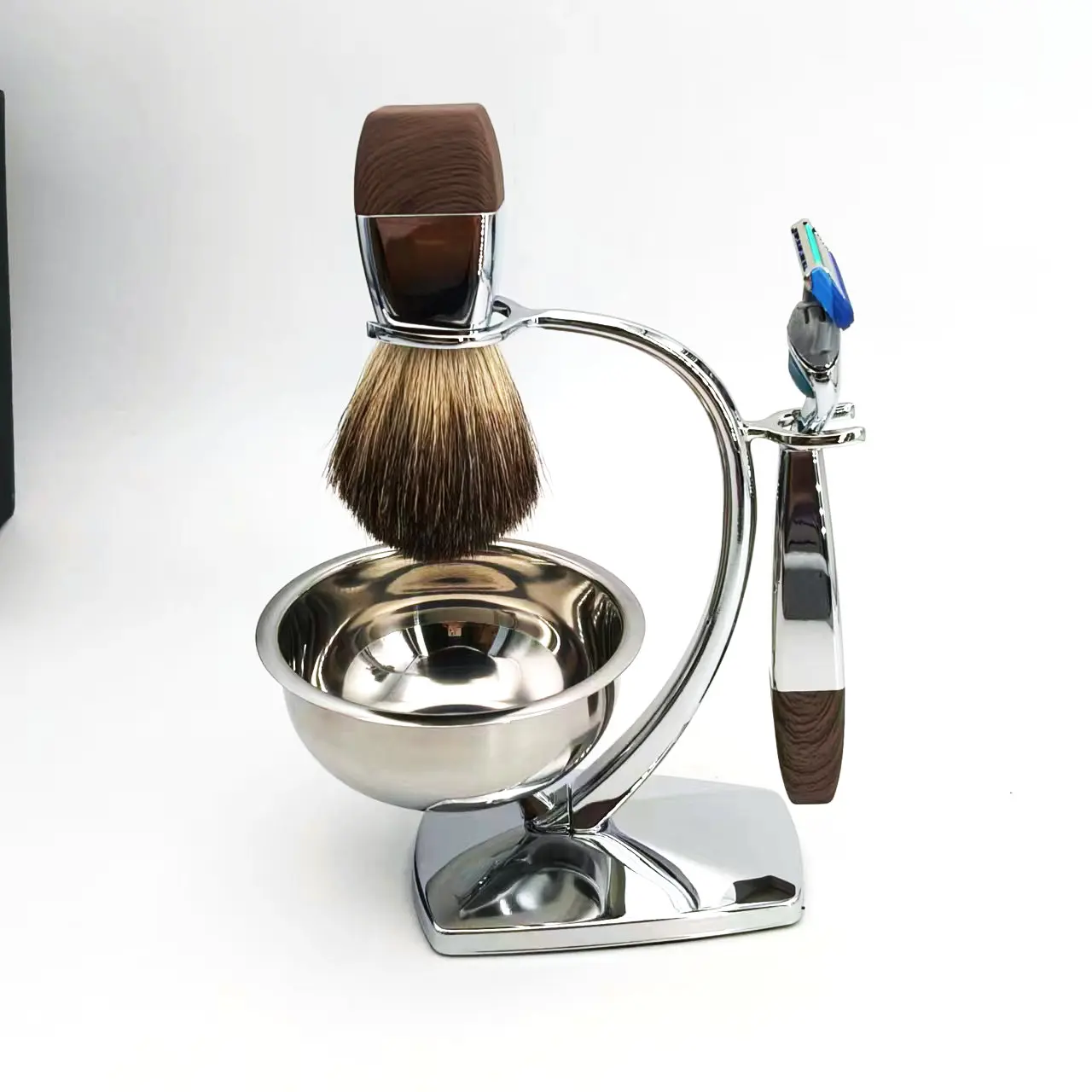 남성용 습식 면도 세트, 퓨전 5 호환 수동 면도기, 오소리 헤어 브러시, 비누 그릇, 스탠드 거치대