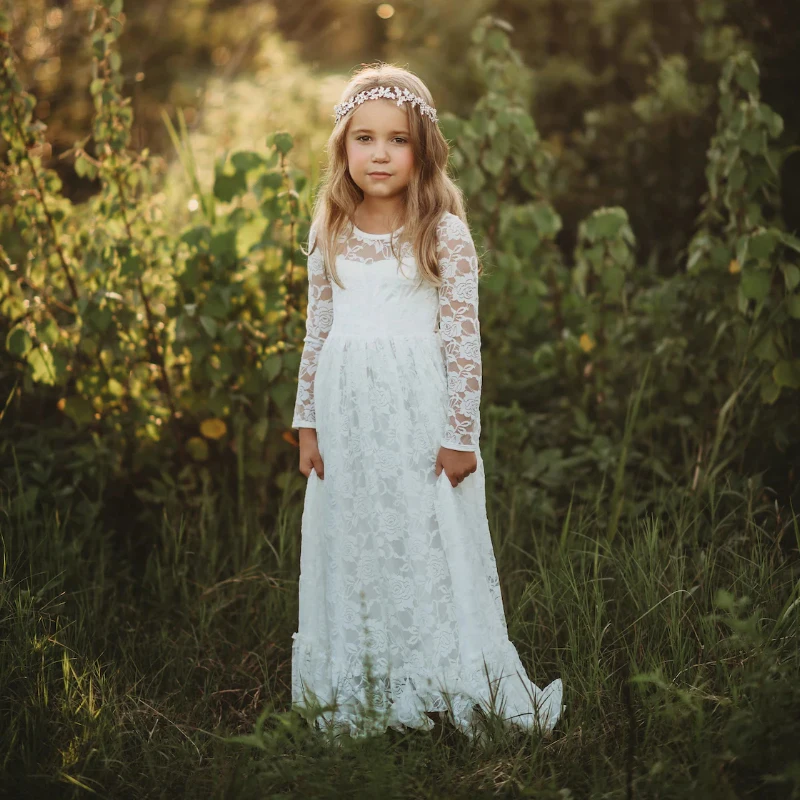 Flower Girl Dresses White Beige Long Sleeve Summer Dress Communion Toddler Kids Christening Wedding Bridesmaid Clothes 2-12 Year