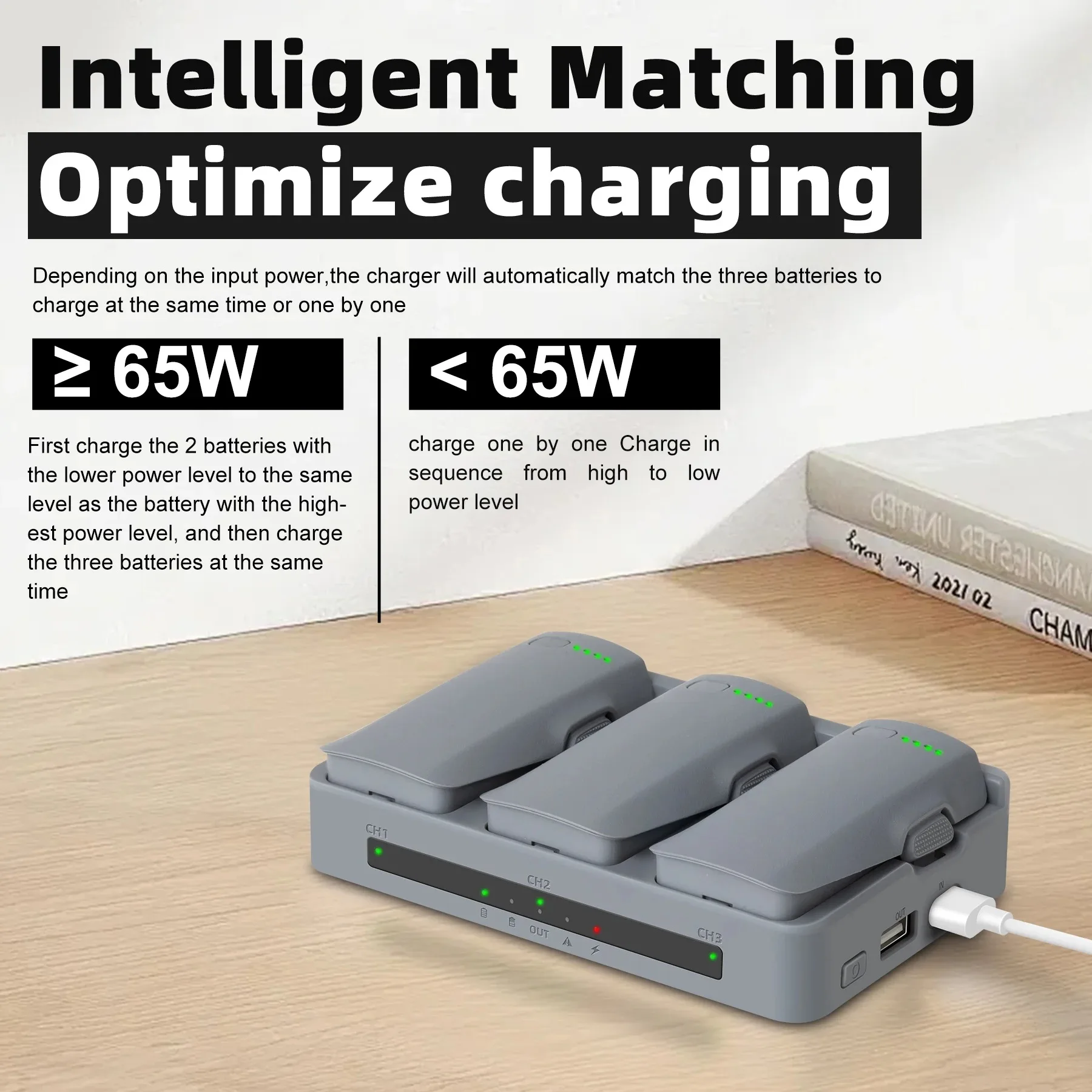 Chargeur rapide 65W 3 canaux pour batterie DJI Neo 2 - Hub intelligent avec câble USB-C connecté