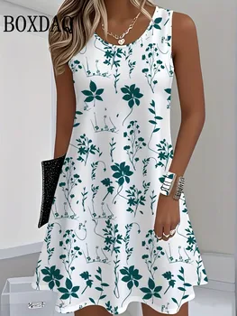 2025 Women Sundress Floral Dress Casual Sleeveless O-Neck Loose Mini Dress Summer Women'S Tank Flower 3D Print Beach Short Dress 1