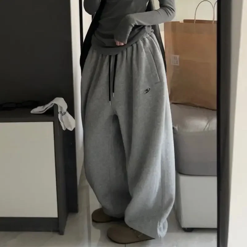 Deeptown Baggy Fleece Grey Sweatpants Women Vintage Black Oversize Harem Pants Korean Fashion Streetwear Sports Trousers Hip Hop