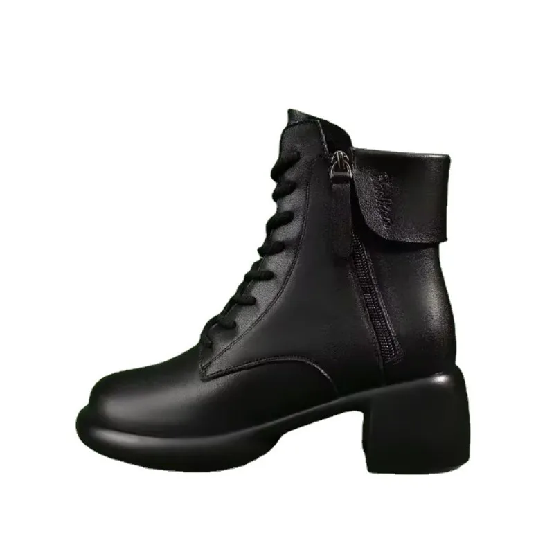 Ankle Boots Fall/Winter 2023 New Retro Commuter Short Boots Round Toe Side Zipper Lace-Up Boots for Women