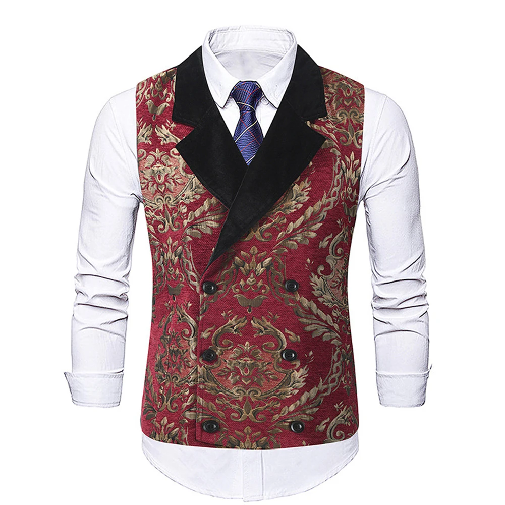 

Vintage Men's Print Lapel Suit Vests Formal Social Double Breasted Slim-Fit Sleeveless Business Waistcoats Vest Coat Clothing