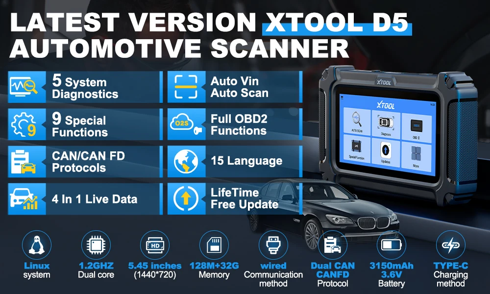 Xtool D5 2026 New Model 5-System Diagnosis + Special Functions Free Update Can Fd/Fca