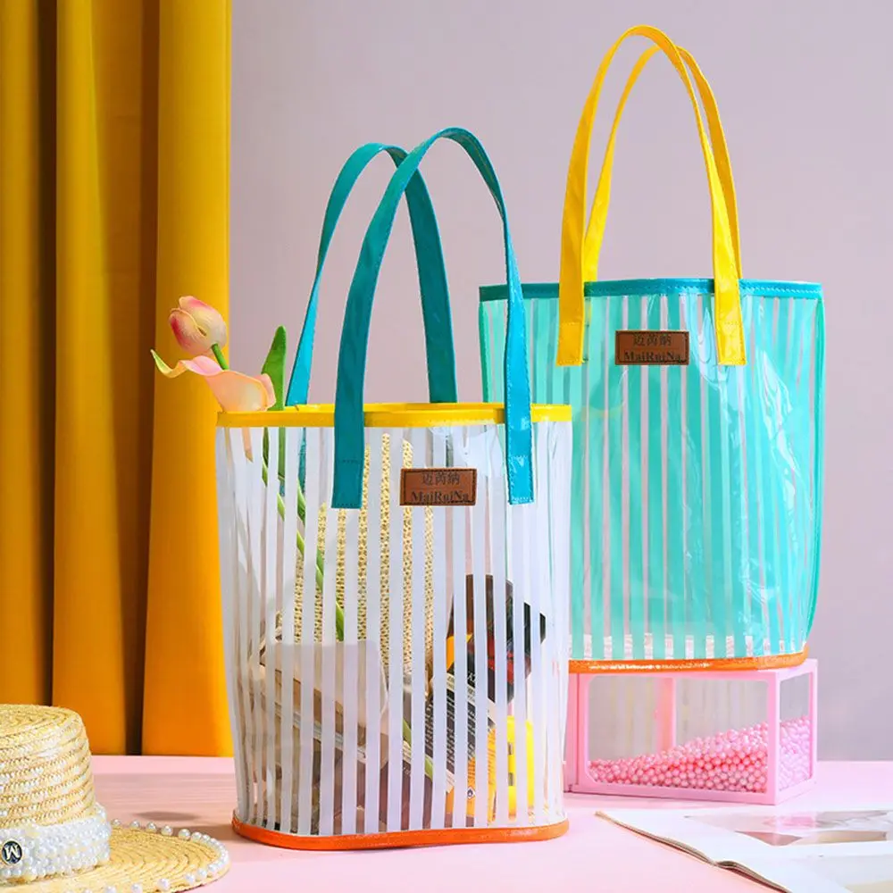

Personality Large Capacity Makeup Organizer PVC Cosmetic Bag Travel Tote Bag Shopping Bag Storage Bag Striped Handbag Beach Bag