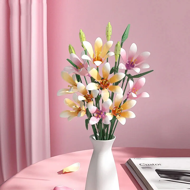 Fomantic Lily Simulation Bouquet Green Plant Flower 3D Model Bricks Creativo Fai Da Te Never Fade Flowers Building Block Toy For Girl