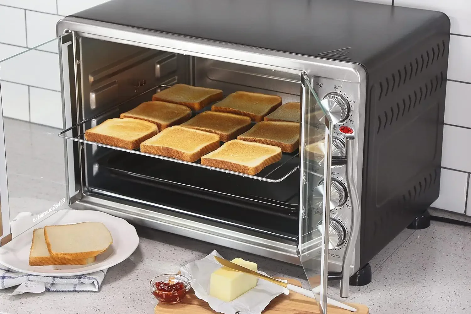 Elite Gourmet -French Door 47.5Qt, 18-Slice Convection Oven 4-Control Knobs, Bake Broil Toast Rotisserie Keep Warm, Inc 4