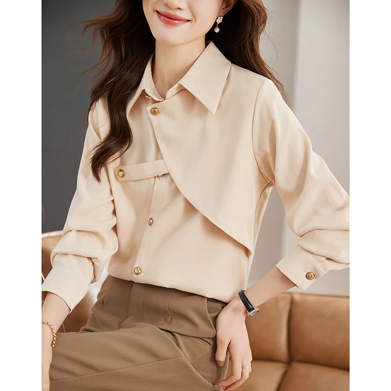 

Korean Irregular Blouse Women 2024 Spring New Chic Buckle Elegant Ladies Long Sleeve Blouses Lapel Tops Luxury Blusas Mujer