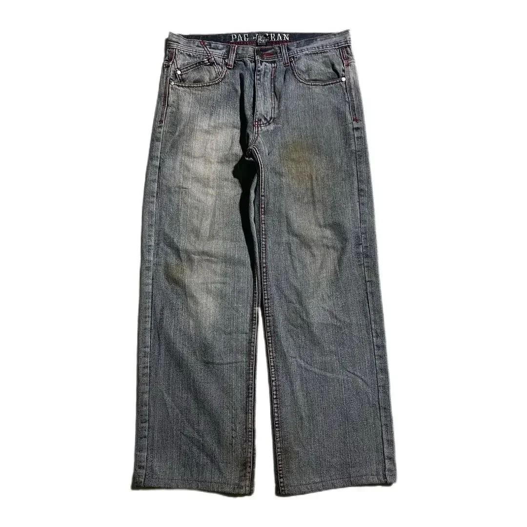 Goth Style Skull Embroidery Y2K Jeans Men Streetwear Hip Hop Wash Loose Harajuku Baggy Casual Oversize High Waist Wide Leg Pants