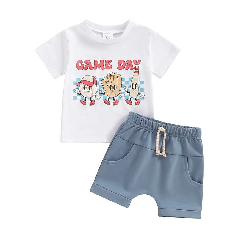 

Baby Boys Shorts Set, Short Sleeve Baseball Print T-shirt with Elastic Waist Shorts Summer Outfit