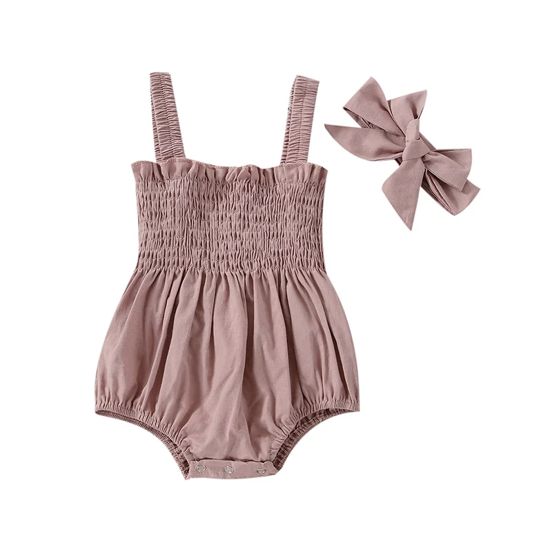 

Baby Summer Jumpsuit Outfit Solid Color Ruched Toddler Girl Casual Sleeveless Suspender Rompers and Headband