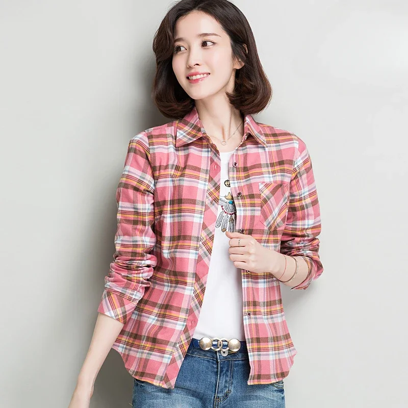 New in shirt 100%Cotton Long Sleeve shirts for women slim fit single pocket tops soft casual plaid shirt elegant blouses clothes