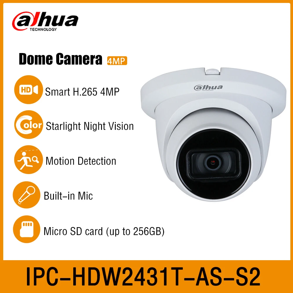 

Dahua IPC-HDW2431T-AS-S2 4MP Smart Home Outdoor Built-in Mic CCTV Night Vision IR 30m SD Card PoE Starlight Security IP Camera