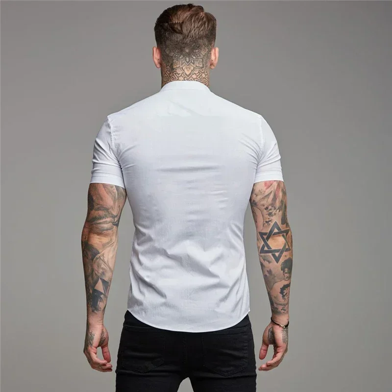 

New Summer Men Fashion Short Sleeve Solid Shirt Slim Fit Male Social Business Dress Shirt Brand Mens Gym Fitness Sports Clothing