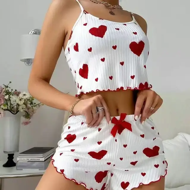 Summer New Women's Pajama Set Breathable Soft Casual Love Printed Design Sweet Home Strap Shorts Pajamas