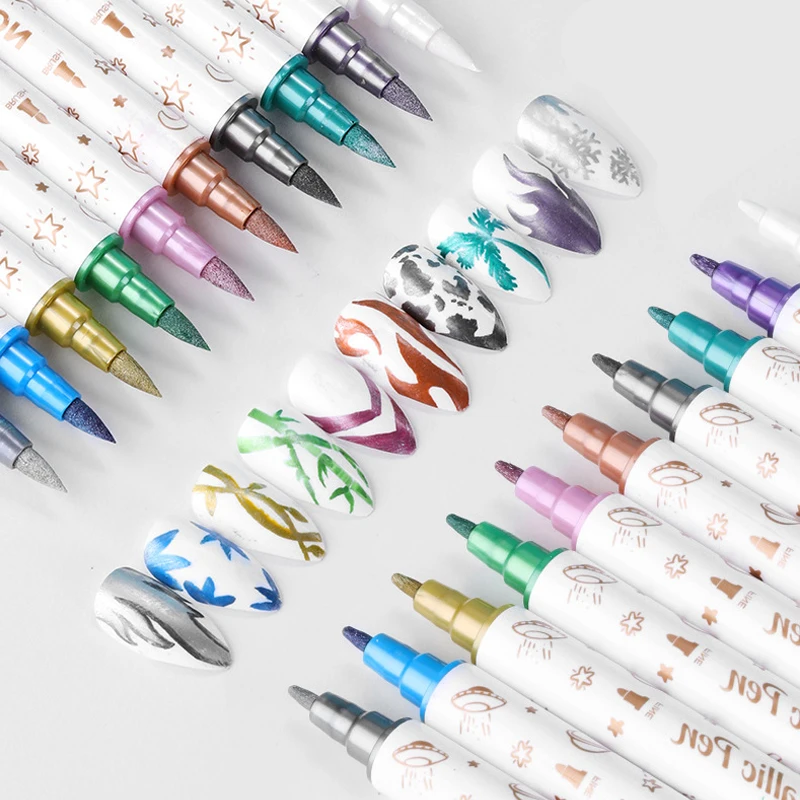 10Pcs 금속 다채로운 더블 헤드 네일 문신 펜, 아름다운 펜, 학생 인사말 카드, 핸드북 그림, 도매 편지지