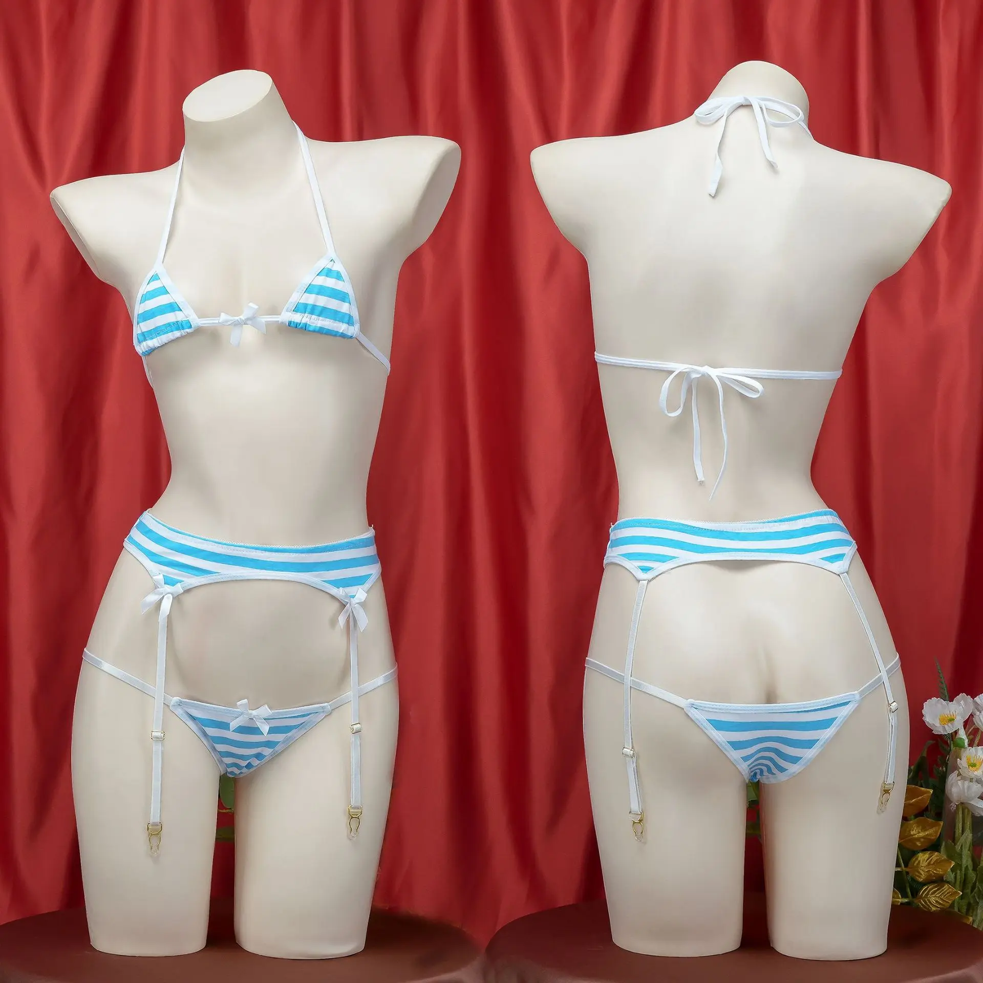 New Japan Sexy Underwear Lolita Kawaii Carnival Blue Pink White Stripe Mini Bikini Adult Role Playing Erotic Clothing Bra Women'