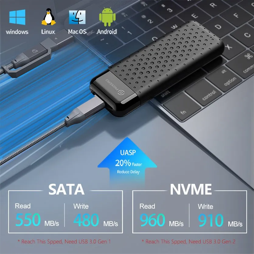 PHIXERO PC 濭 ˷̴ ̽ , M.2 NVMe SSD Ŭ, USB C 3.1 Gen 2, 10Gbps to NVMe PCIe ܺ Ŭ