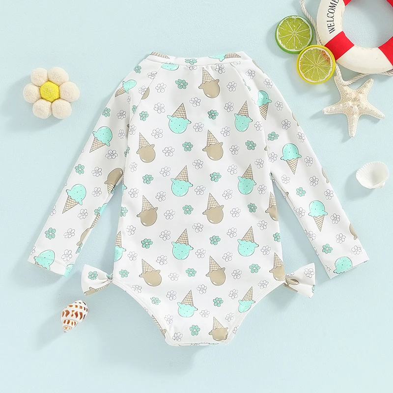  소녀 래쉬가드 수영복 롬퍼, 긴팔 꽃, 아이스크림 프린트,  나비 매듭, 목욕 세트 수영복