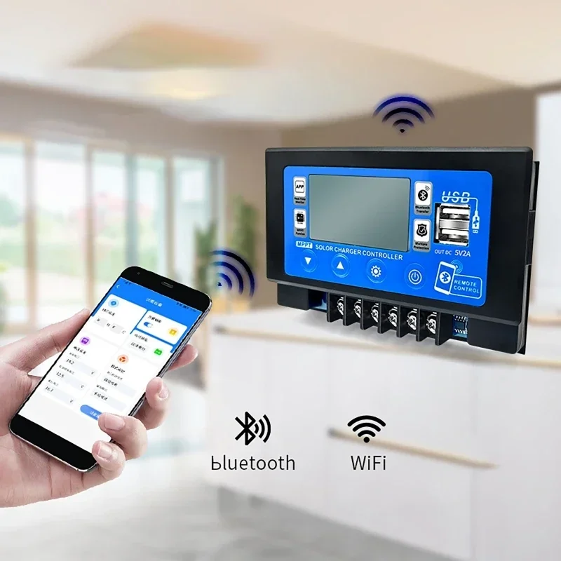30A/60A Bluetooth WIFI Embedded Snap-on Energy Storage MPPT Controller Solar Panel Battery Smart Regulator 12V/24V LCD Display