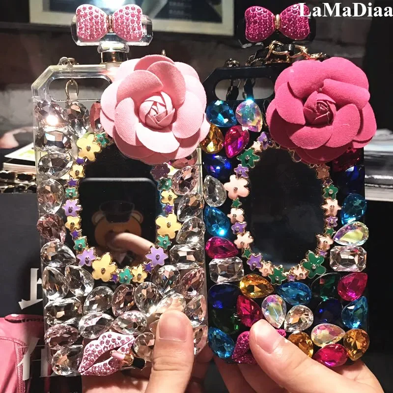 

Luxury Bling Diamond Flower Mirror Perfume Bottle Handbag Lanyard Case For Samsung S24 S20 S21 S22PLUS S23 Ultra Note8 9 10 20