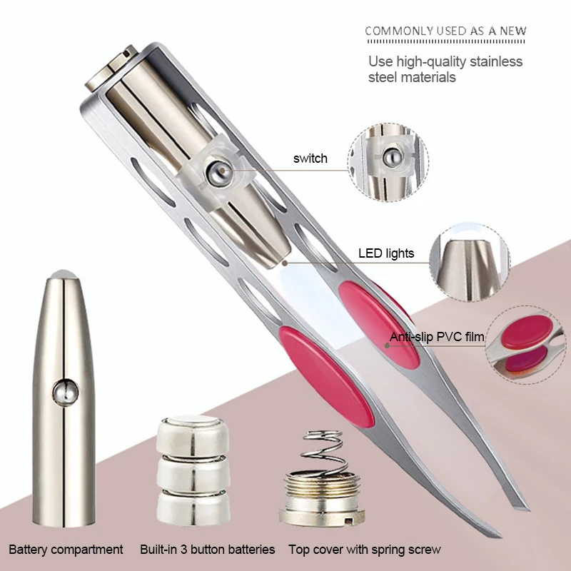 1PC LED Eyebrow Tweezer Oblique Tip Stainless Steel Eyebrow Trimming Clip Eye Hair Removal Prune False Eyelash Clamp Makeup Tool 2