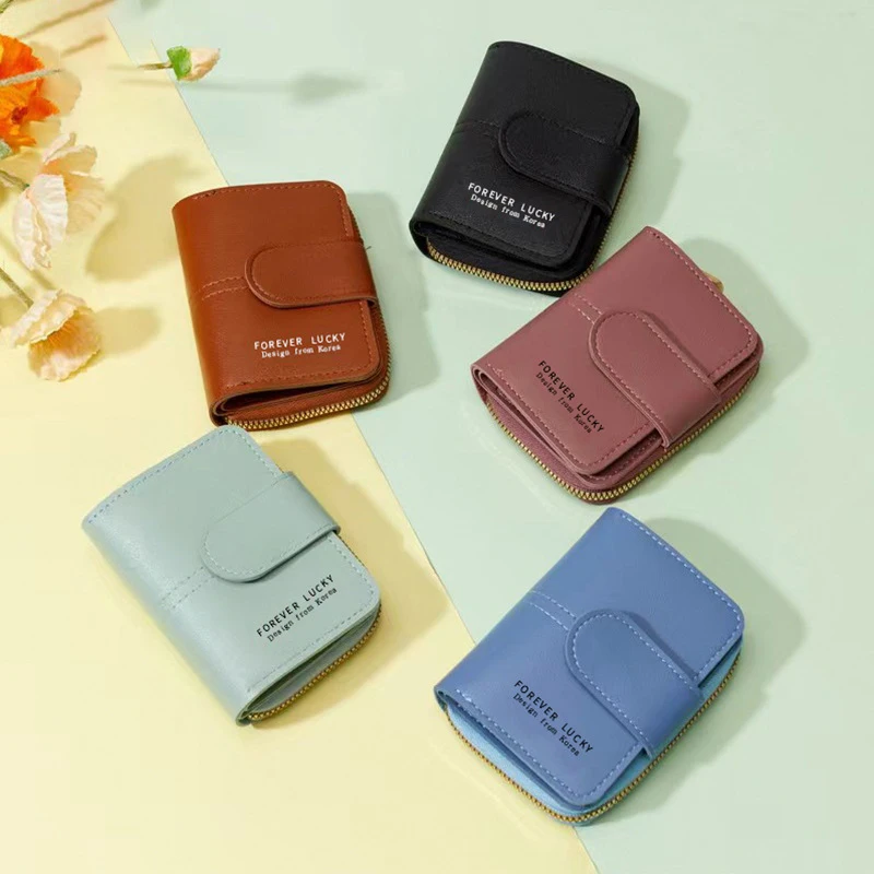 

Fashion Short Snap Card Holder Wallet Solid Color Women Purse Multi-card Slot Mini Cash Bag Female Zipper Wallets Coin Purse