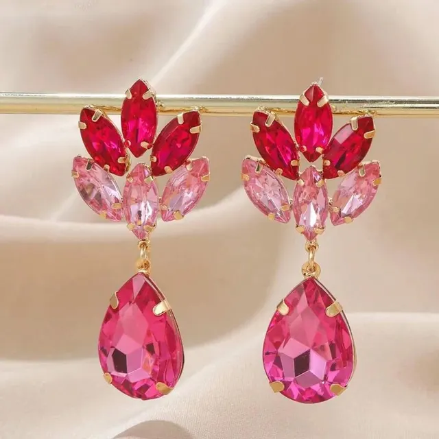 Women Geometric Glass Stone Drop Earrings Fuchsia Pink Crystal Stone Statement Earrings Party Bridal Wedding Earring Jewelry 5