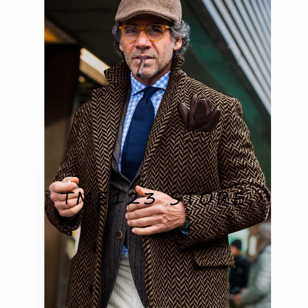 Men's Long Coat Herringbone Casual Business French Street Single-breasted V-neck Men's Coats Winter Camping Jackets Man Y2k Tops