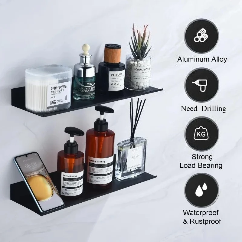 Scaffali da Bagno per Organizzazione e Stoccaggio 15/20/30/40/50cm 1 pezzo 1 Pezzo Scaffale Moderno per Cucina, Doccia e Bagno, Nero, da Parete - immagine 3