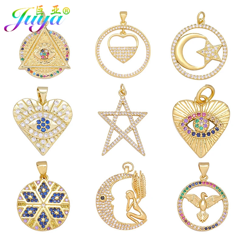 Juya Handgemachte Micro Pave Zirkon Halbmond Stern Griechischen Bösen blick Liebe Herz Charms Für DIY Frauen Männer Anhänger Schmuck Machen