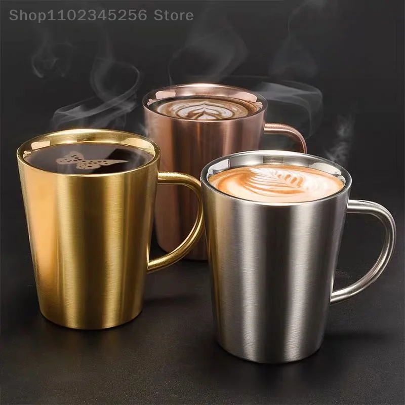 

300ml Double-Layer Water Cup Home Dining Drinkware Mugs 304 Stainless Steel Beer Cup Gold Sliver Coffee Mugs With Handle