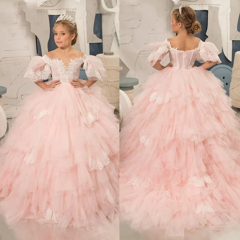 Pink Princess Dress Puffy Flower Girl Abiti A-Line Comunion Abiti Flower Girl Dresses For Wedding Robe Ceremonie Fille