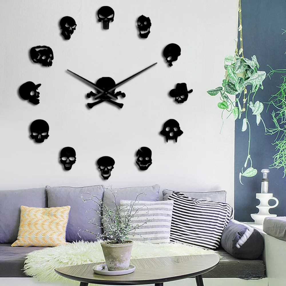 Modern DIY 3D Skull Shape Acrylic Wall Clock Silent Mirror Horologe for Kitchen Dinner Room Decor Home