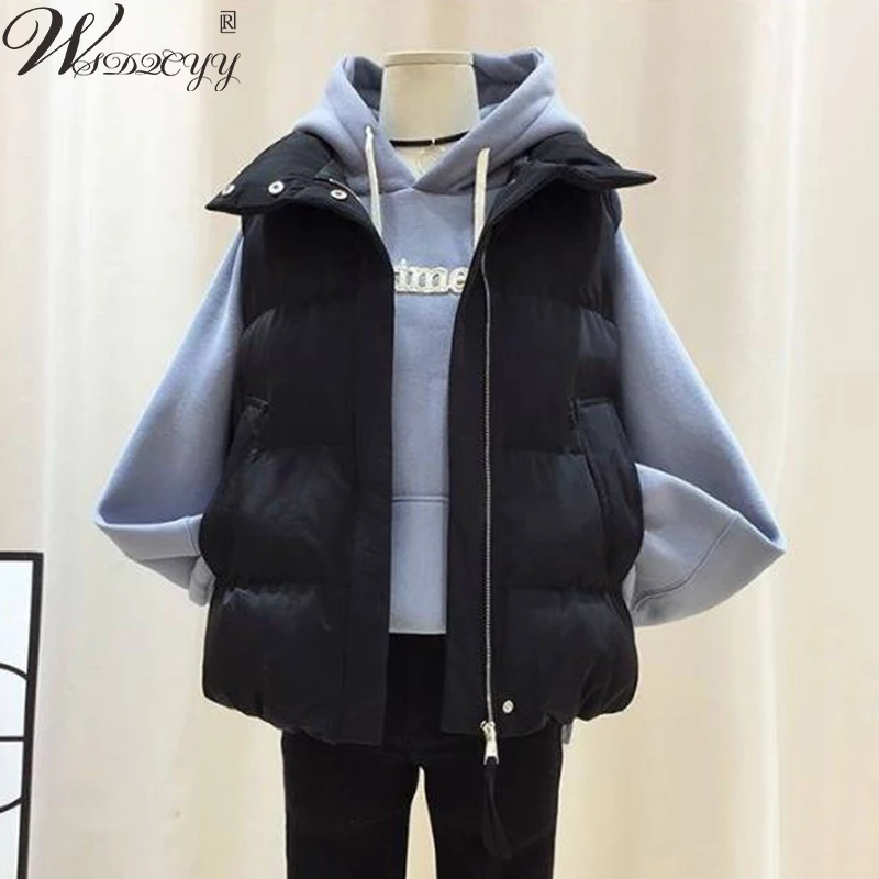 Winter Vest Women Stand Collar Casual Cotton Padded Waistcoat 2023 Korean Fashion Zipper Up Sleeveless  Cropped Jacket Plus Size women zip up stand collar sleeveless lightweight padded cropped puffer quilted vest winter new puffy vest warm coat jacket