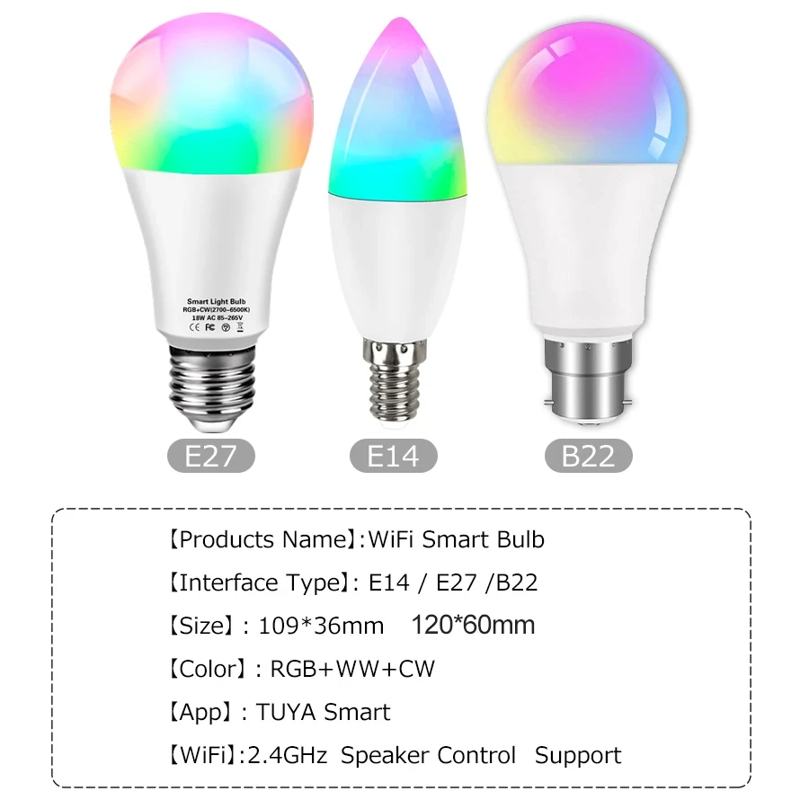 투야 E14 E27 B22 LED 램프 앱 제어 스마트 전구, 와이파이 RGB 110V 220V LED 조명, 조도 조절 스마트 라이프 룸 홈 그룹 크리스탈 램프