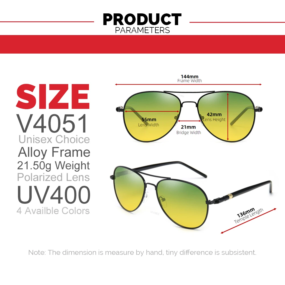 VIVIBEE 남자 주야간 투시경 안경 항공 UV400 편광 노란색 렌즈 여성 자동차 운전 선글라스 고글