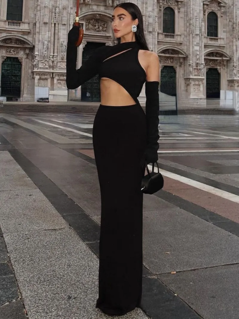 

Зима 2023, модные сексуальные перчатки с вырезами, вечерние платья с длинным рукавом, женское элегантное однотонное черное облегающее длинное платье для выпускного вечера