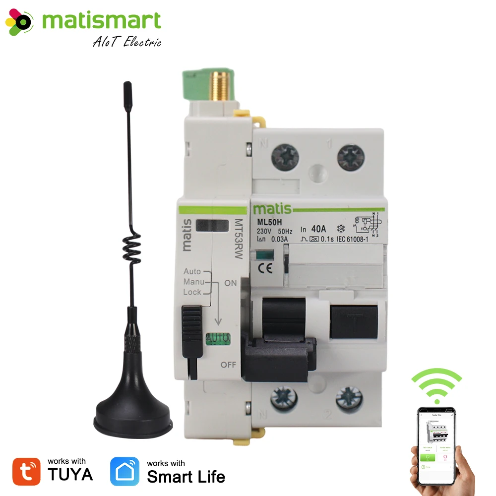 Matismart-reconectador Wifi inteligente tipo A, RCD, 2P, Tuya, 40A, 63A,  30mA, 100mA, 300mA