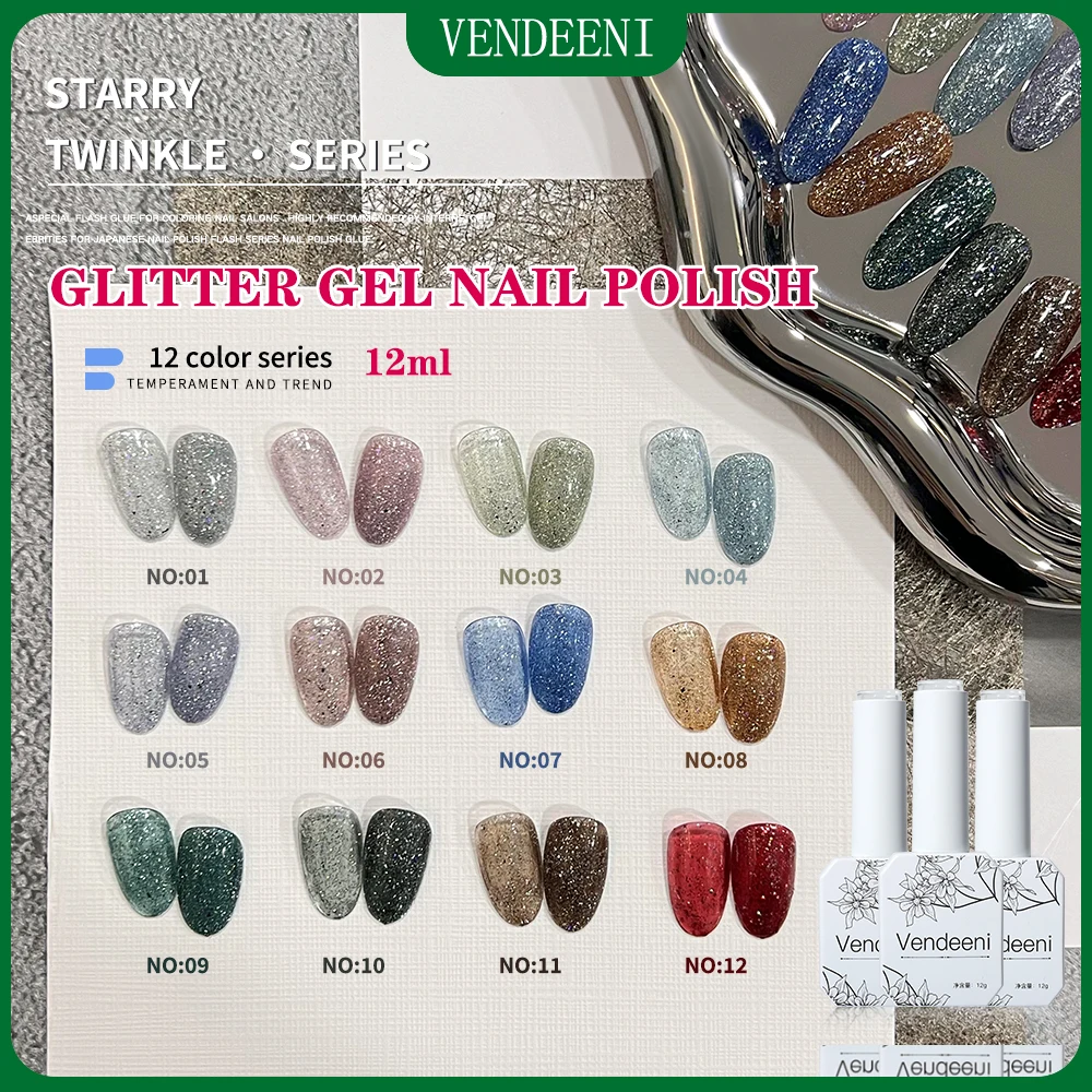 

Vendeeni 12 Colors Glitter Powder Gel Nail Polish Soak Off UV LED Flash Broken Diamond Gel Nail Varnish For Nail Art Manicure