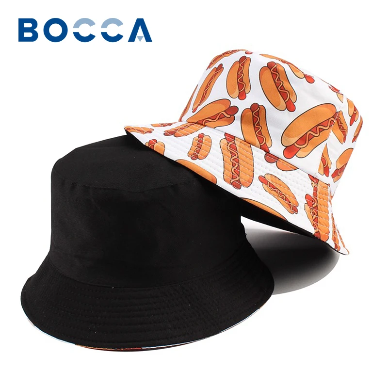 Bocca Cartoon Bucket Hat Hot Dog Print Panama Fisherman Hats For Men Women Double Sides Unisex Summer Sun Beach Hip Hop Bob Cap
