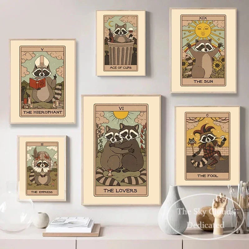 Cute Animal Canvas Painting Red Panda Raccoon Tarot Card Poster Modern HD Printed Wall Art Pictures Living Room Bedroom Decor