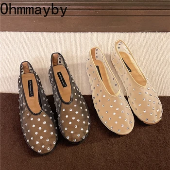 New Fish Net Crystal Women Loafers Shoes Comfort Ladies Slip On Dress Ballet Flats Shoes 2026 Spring Ladies Concise Shoes 1