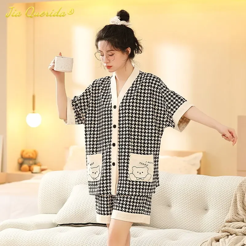 

SUKAE Cute Bears Printing Womens Pajamas Cool Modal M-5XL Nightwear Cartoon Sleepwear Girls Plus Size Summer V-neck Homewear