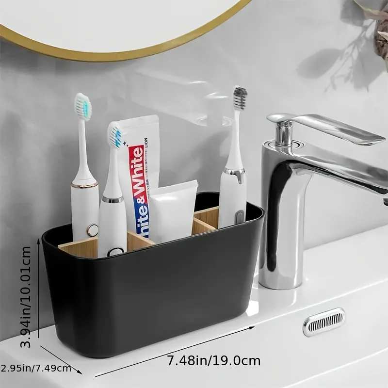 5-Slot Black Plastic Toothbrush Holder with Dividers - Lightweight, Countertop Organizer-Toothbrush Holder for Bathroom